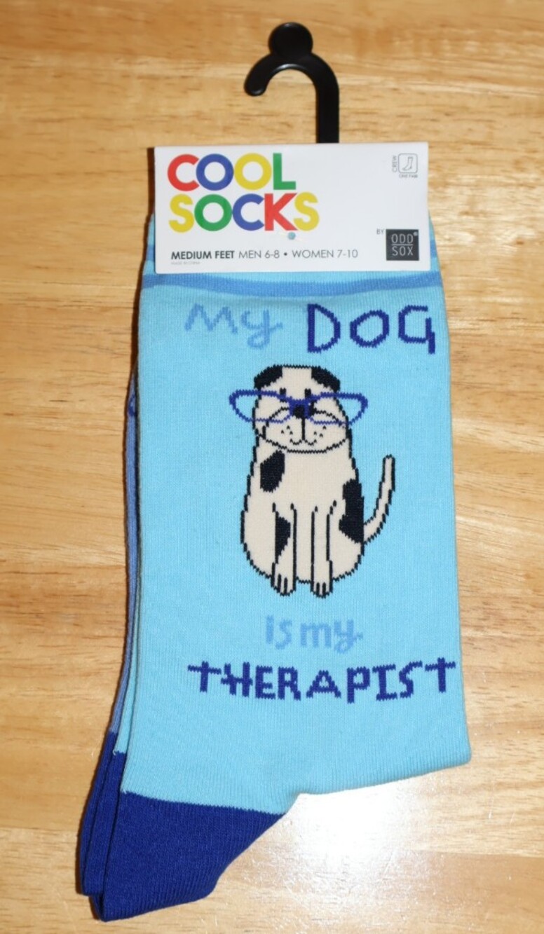 Cool Socks Blue My Dog Is My Therapist Novelty Crew Socks. Unisex.